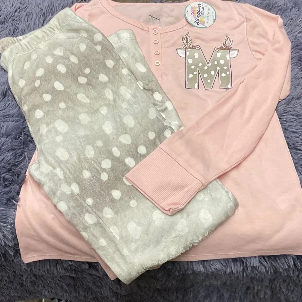 Justice 14/16 Letter M Pink and Gray Polka Dot Pajama Set - New
